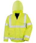 The R217X by Result Core is a neon yellow high-visibility jacket featuring reflective silver stripes and a hood.