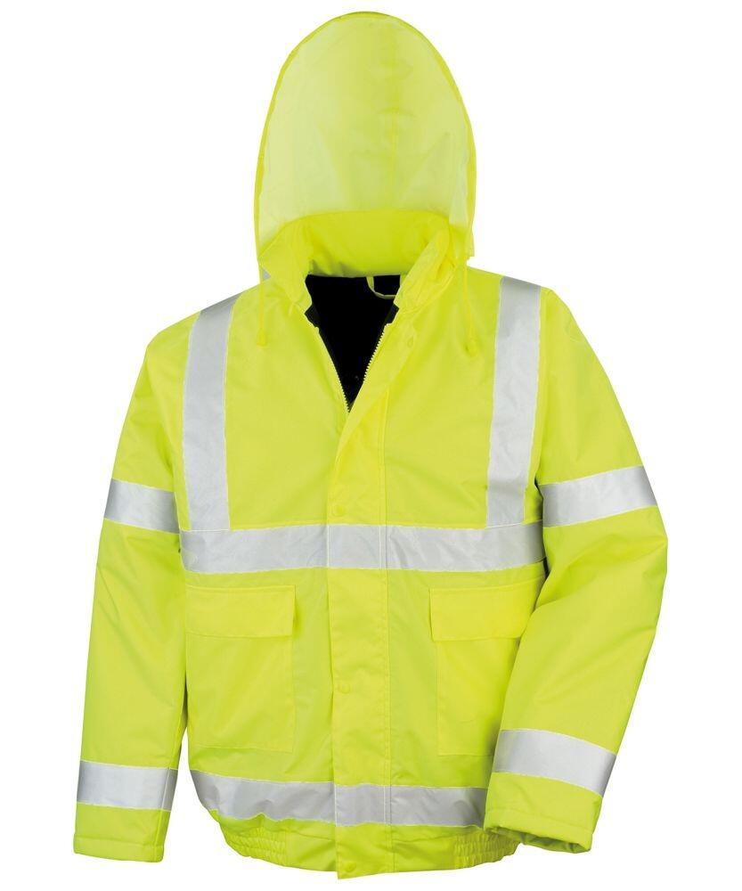 The R217X by Result Core is a neon yellow high-visibility jacket featuring reflective silver stripes and a hood.