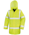 The R218X by Result Core is a neon yellow reflective raincoat with a hood, designed with white horizontal and vertical stripes to enhance visibility.