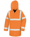 Result Core's R218X is an orange safety jacket featuring white reflective stripes on the torso, sleeves, and hood.