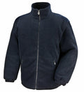 The Result Core R219X is a navy blue fleece jacket featuring a full front zipper, high collar, and elastic cuffs.