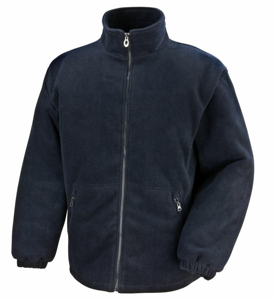 The Result Core R219X is a navy blue fleece jacket featuring a full front zipper, high collar, and elastic cuffs.