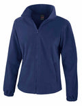 The Result Core R220F is a navy blue fleece jacket featuring a full zipper, elastic cuffs, and two zippered front pockets. The jacket includes a high collar and boasts a simple, classic design.