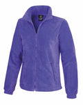 The Result Core R220F is a vibrant purple fleece jacket featuring a full zip and high collar, displayed on a plain white background. It includes two zipper pockets and elastic cuffs.