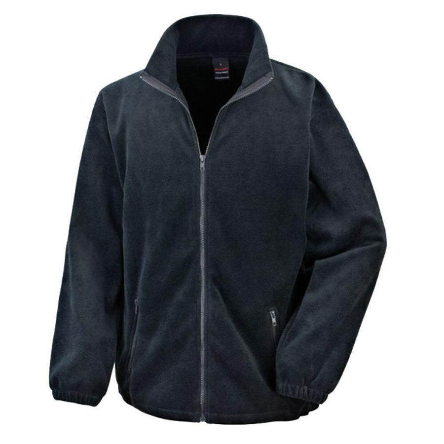 The Result Core R220X is a black zip-up fleece jacket featuring a stand-up collar and elastic cuffs.