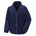 The Result Core R220X is a navy blue fleece jacket featuring a full front zipper, long sleeves, two zippered side pockets, and a high collar. It offers a soft and cozy feel.