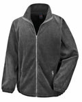 Product Description: The Result Core R220X is a dark gray fleece jacket featuring a full front zipper, zippered side pockets, and an upright collar. It boasts a simple design with elastic cuffs and is presented against a plain white background.
