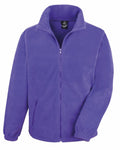 Introducing the Result Core R220X: a stylish purple fleece jacket featuring a front zipper, two side pockets, a high collar, and elastic cuffs.