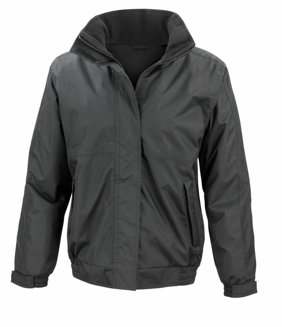 Introducing the Result Core R221F: a lightweight jacket in dark green, featuring a high collar and elastic cuffs.