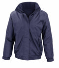 Introducing the R221F from Result Core: This jacket features a high collar, front zipper, and elastic cuffs. It comes in a navy blue color with side pockets and is crafted from a slightly shiny, lightweight material, perfect for casual or outdoor wear.
