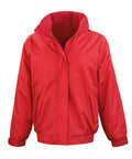 The R221F jacket from Result Core is showcased against a white background, featuring a vibrant red color with a high collar and elastic cuffs. It has side pockets and a smooth texture, exuding both sporty and casual appeal.