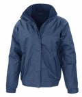 The R221M windbreaker jacket from Result Core features a high collar and zippered front. It comes in blue with side pockets and elastic cuffs, perfect for outdoor wear.