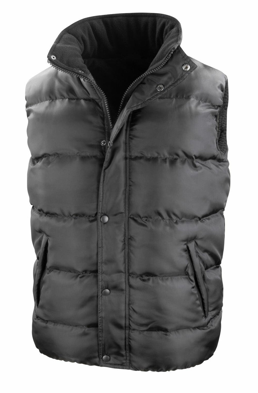 A black puffer vest from Result Core, model R223X, featuring a high collar and button-up front.