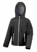 Result Core's R224J is a black hooded jacket featuring two white zippered pockets and a front zipper.