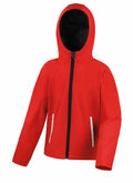 Introducing Result Core's R224J: a vibrant red hooded jacket that features a black zipper and two stylish white zippered pockets. This jacket has long sleeves and a slightly tailored fit. The hood is turned up, revealing its sleek black interior lining.