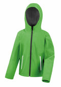 The R224J jacket by Result Core is a vibrant green hooded outerwear piece featuring a black interior lining. It boasts a front zipper, two side pockets with white accents, and has a smooth, weather-resistant fabric.