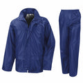 A Result Core R225J rain jacket in blue, paired with matching pants, displayed against a plain background.