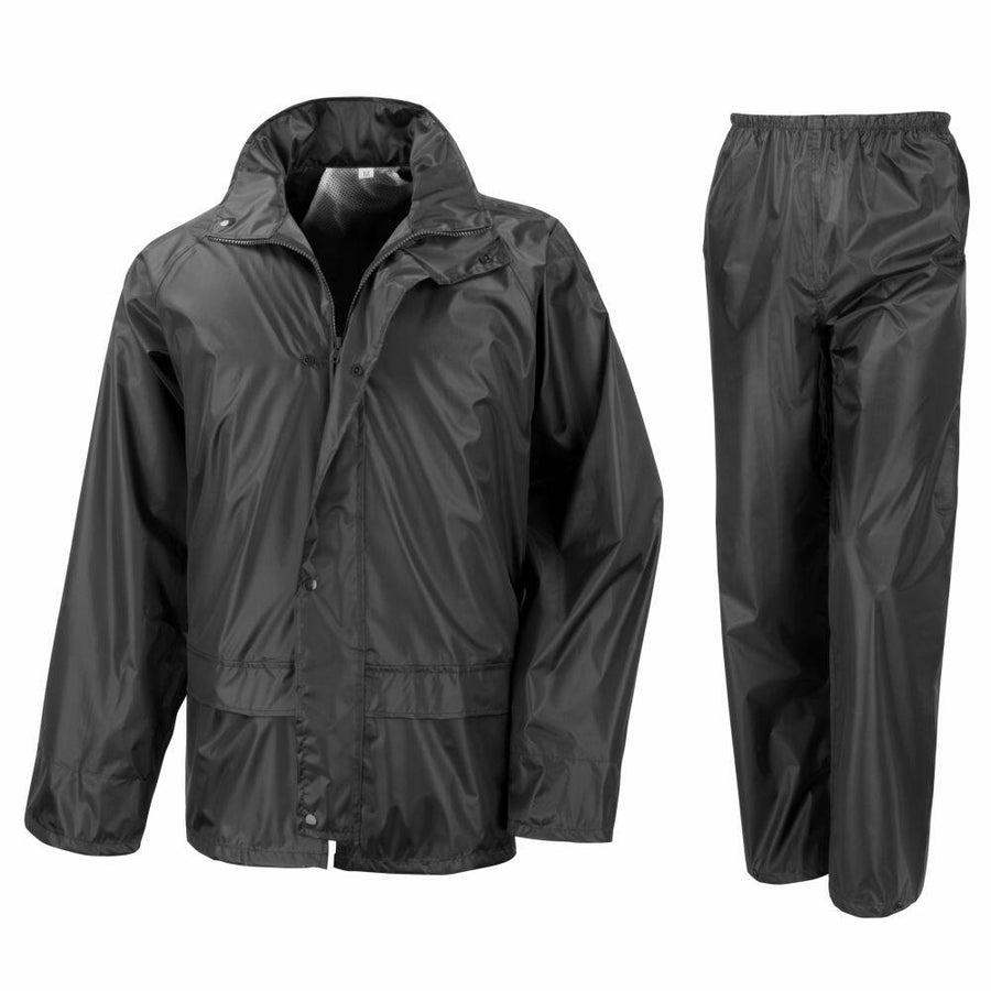 A black R225X rain jacket and pants set by Result Core, showcasing a hooded jacket with a front zipper, set against a white background.