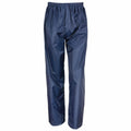 Result Core's R226J pants in navy blue feature waterproof material, an elastic waistband, and straight legs, all displayed on a white background.