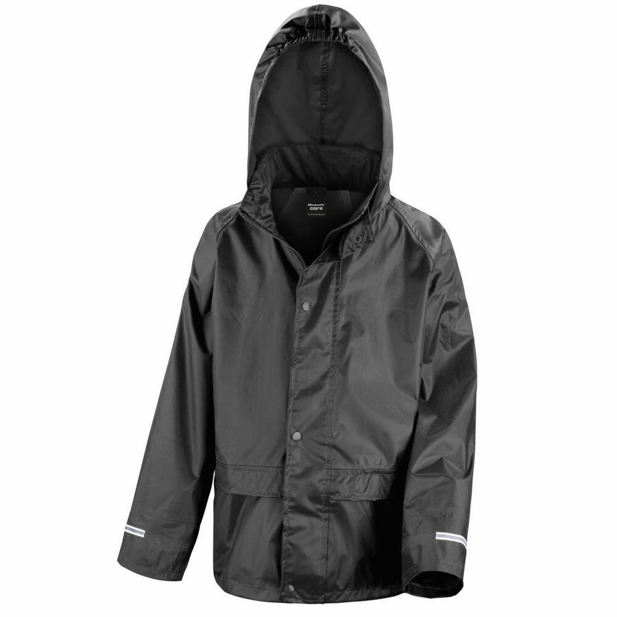 A Result Core R227J hooded rain jacket in black featuring front buttons and reflective strips on the sleeves.