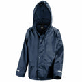 The Result Core R227J rain jacket features front buttons, a hood, and reflective stripes on the cuffs, all in a dark blue color.