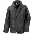 The Result Core R227X is a black waterproof jacket with a hood and long sleeves, featuring both a front zipper and button-up closure.