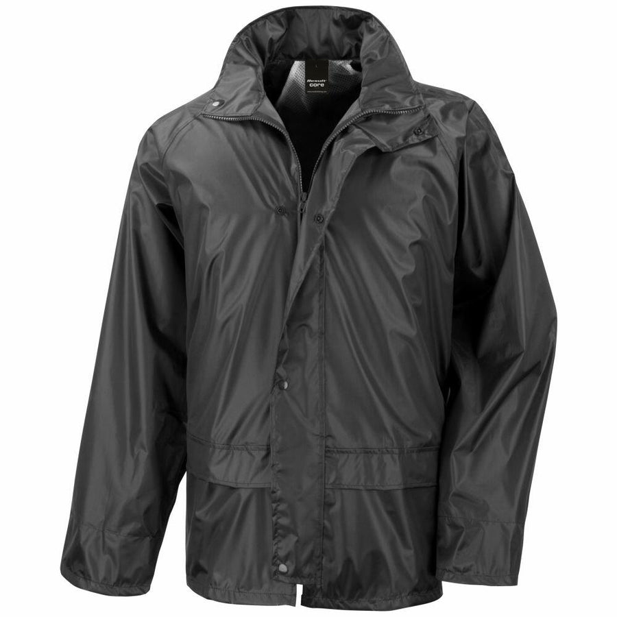 The Result Core R227X is a black waterproof jacket with a hood and long sleeves, featuring both a front zipper and button-up closure.