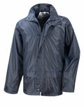 A navy blue waterproof jacket featuring a high collar and front zipper, the R227X by Result Core.