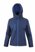 The Result Core R230F, a navy blue hooded jacket featuring a front zipper and a zippered chest pocket, is displayed against a white background.