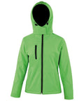 Displayed on a white background is the Result Core R230F, a bright green hooded jacket. It boasts a sleek design with a black zipper, black trim, two side pockets, and one chest pocket, making it ideal for outdoor activities.