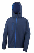 The Result Core R230M is a navy blue jacket featuring a hood, front zipper, zippered chest pocket, and adjustable hood toggles.