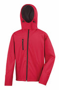 Result Core's R230M red hooded jacket features a zippered front and a black pocket zipper on the left chest.