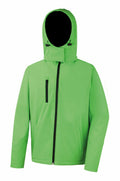 A lime green R230M hooded jacket by Result Core, featuring a black zipper, a zippered chest pocket, and two side pockets. The hood includes an adjustable drawstring. The jacket is displayed against a white background.