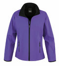 Introducing the R231F by Result Core: a tailored-fit women's softshell jacket in purple, featuring a sleek look with a front zipper, two zippered side pockets, and finished with a black collar lining.