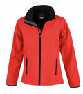 The Result Core R231F jacket in vibrant red, showcasing a black inner lining, is displayed on a clean white background. This softshell jacket includes a full-length front zipper, two zippered side pockets, and a high collar for added style and functionality.