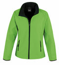 The Result Core R231F, a vibrant green softshell jacket with a black inner lining, is showcased against a white background. This jacket is designed with a full front zipper, stand-up collar, and zippered side pockets.