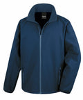 The Result Core R231M navy blue softshell jacket features a full zip front, a stand-up collar, and two zippered pockets.