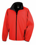 The Result Core R231M is showcased as a bright red softshell jacket with a black inner lining. It boasts a full-length zipper, two zippered side pockets, and a standing collar, making it appear lightweight and perfect for casual wear.