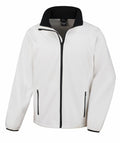 Introducing the Result Core R231M jacket: a sophisticated white design featuring a striking black collar and sleek black zipper accents. It includes two convenient zippered pockets at the front, offering both style and functionality.