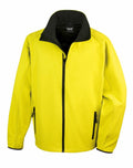 The R231M by Result Core is a vibrant yellow jacket, featuring a black collar and zipper, along with two zippered pockets on the front.
