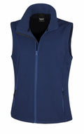 The R232F by Result Core is a sleeveless navy blue vest featuring a zippered front, high collar, and zippered pockets on both sides.