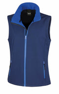 The Result Core R232F is a sleeveless navy blue vest featuring a front zipper and two side pockets, with lighter blue accents on the collar and zip lining for added contrast.