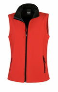 The R232F by Result Core is a sleeveless red vest featuring a black zip-up closure, two zippered pockets, and a collar with a black interior.
