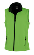 The R232F by Result Core is a vibrant green sleeveless vest designed with a contrasting black zippered front and black trim. It features two zippered pockets on each side and is completed with a stand-up collar.