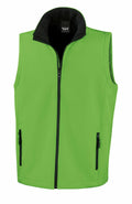 The R232M vest by Result Core is a vibrant green sleeveless piece featuring a black collar and zippered front pockets. It includes a full-length zipper and is crafted from a soft, lightweight fabric.