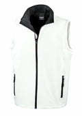 The Result Core R232M is a sleeveless white vest with a black zip and collar. It includes two zippered pockets, offering a simple and sleek design.