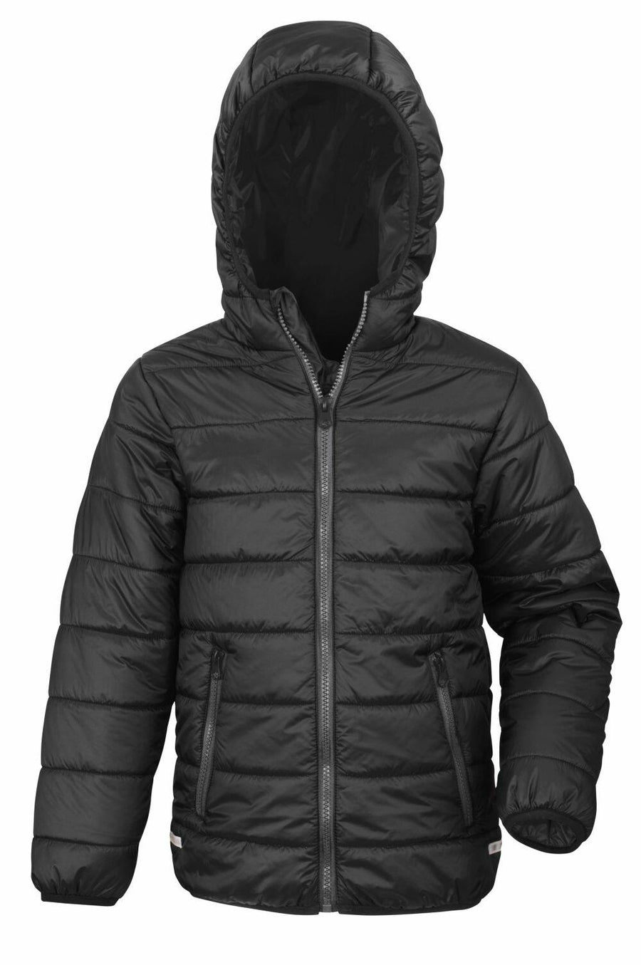 R233J by Result Core: A black hooded puffer jacket featuring a front zipper and two side pockets, showcased on a white background.
