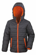 Result Core's R233J hooded puffer jacket in black features a striking orange lining and zipper, showcased against a plain white background.