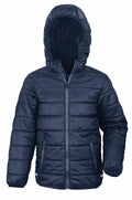 Result Core's R233J is a navy blue padded jacket, equipped with a hood and front zipper, perfect for cold weather.