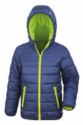 The R233J jacket by Result Core is a blue puffer with a vibrant green lining, hood, and zipper. It is crafted for cold weather with insulated quilting and features two front zippered pockets.